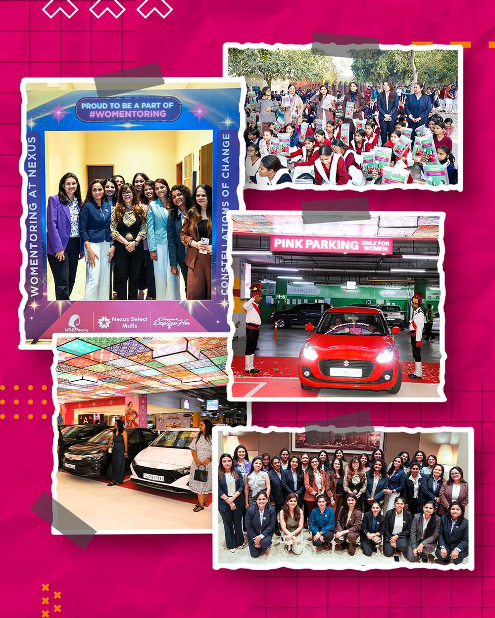 A collage of images from different initiatives: Pink Parking, Womentoring, etc.
