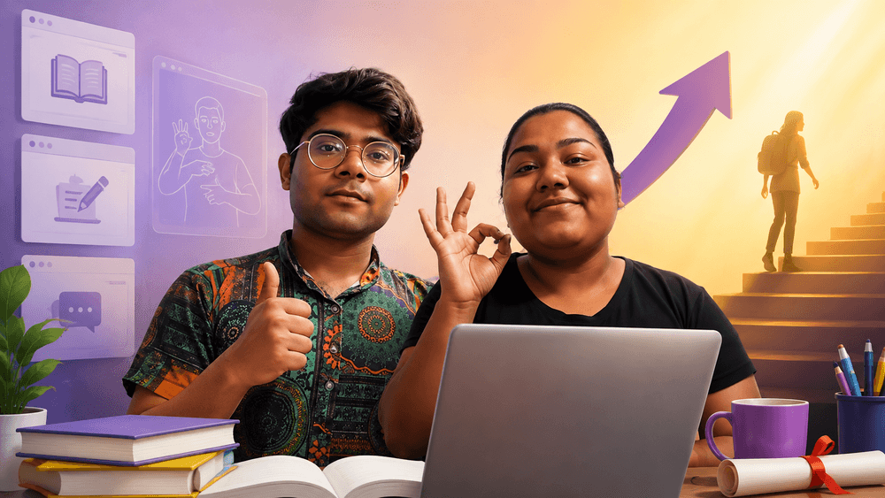 A reference image of Sarthak and Nidhi learning English through the course.