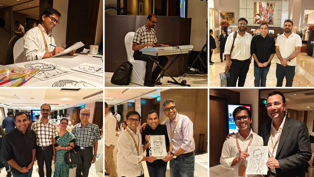 A collage of photos with Sandeep doing a caricature, Adwitya playing his keyboards, and Vineet with different guests at the event.