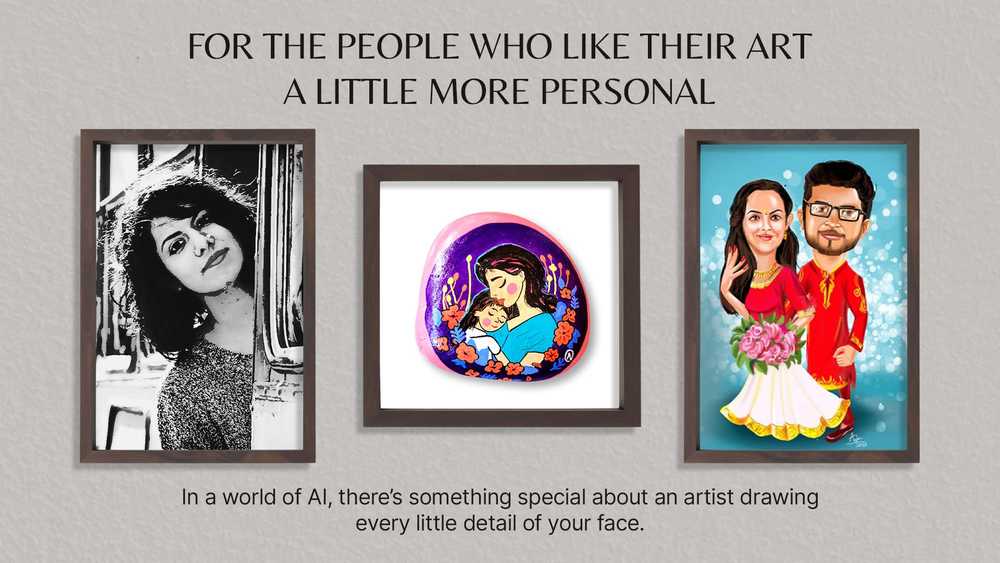 For the people who like their art a little more personal. 2 portraits and 1 stone painting. In a world of AI, there’s something special about an artist drawing every little detail of your face.