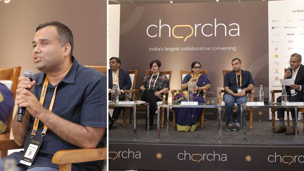 A snippet of Vineet speaking at Charcha 2026 along with a photo of his panel.