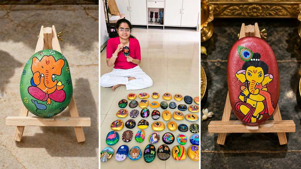 Nehal in the center working on a big corporate order and on left and right- two stone paintings purchased by the head of a department.