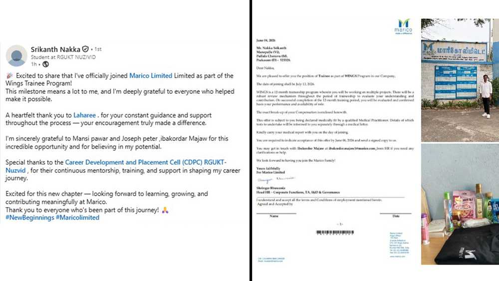 Snippets of Linkedin post of Srikanth Nakka after placement in Marico.