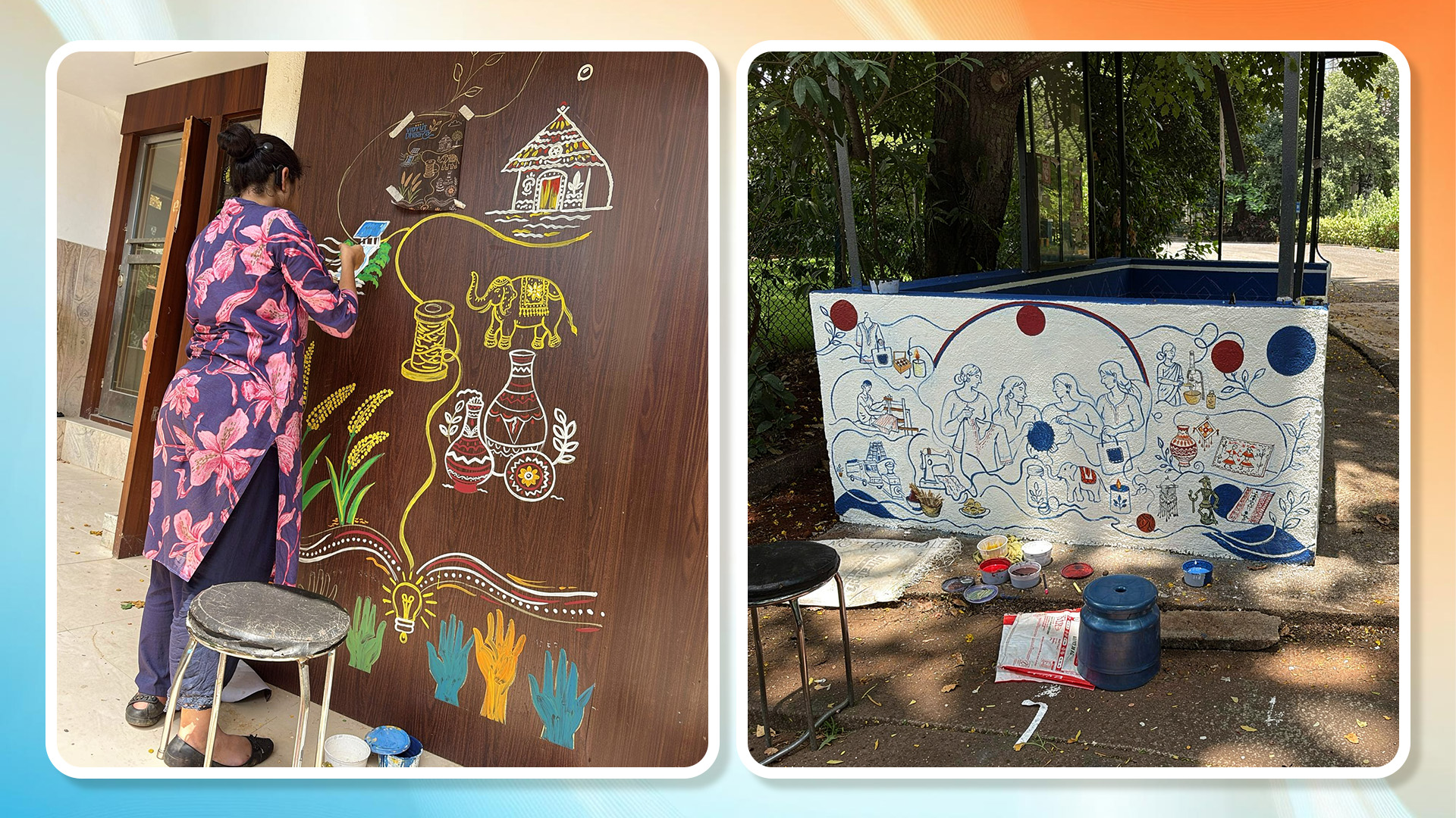 Two wall murals done by Shreya. Wall Mural depicting the thread with nature's elements (Left) and Wall mural on the bus stop (Right).