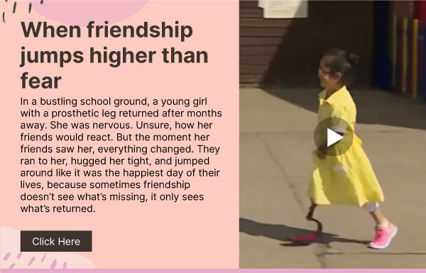 When friendship jumps higher than fear. In a bustling school ground, a young girl with a prosthetic leg returned after months away. She was nervous. Unsure, how her friends would react. But the moment her friends saw her, everything changed. They ran to her, hugged her tight, and jumped around like it was the happiest day of their lives, because sometimes friendship doesn’t see what’s missing, it only sees what’s returned. Click here.