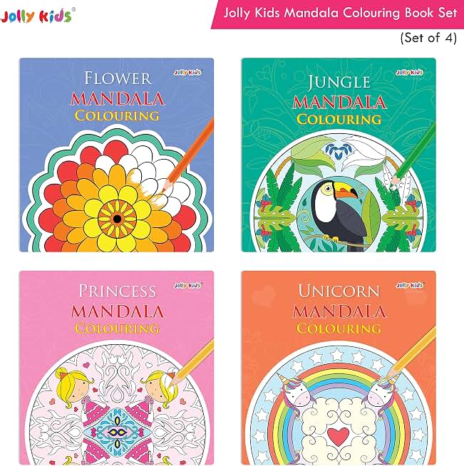 Jolly Kids Mandala Colouring Books Set| Set of 4| KidsColouring Book: Stress Relieving Designs Flower, Jungle, Princess & Unicorn Colouring Books for Children Ages 3-8 Years