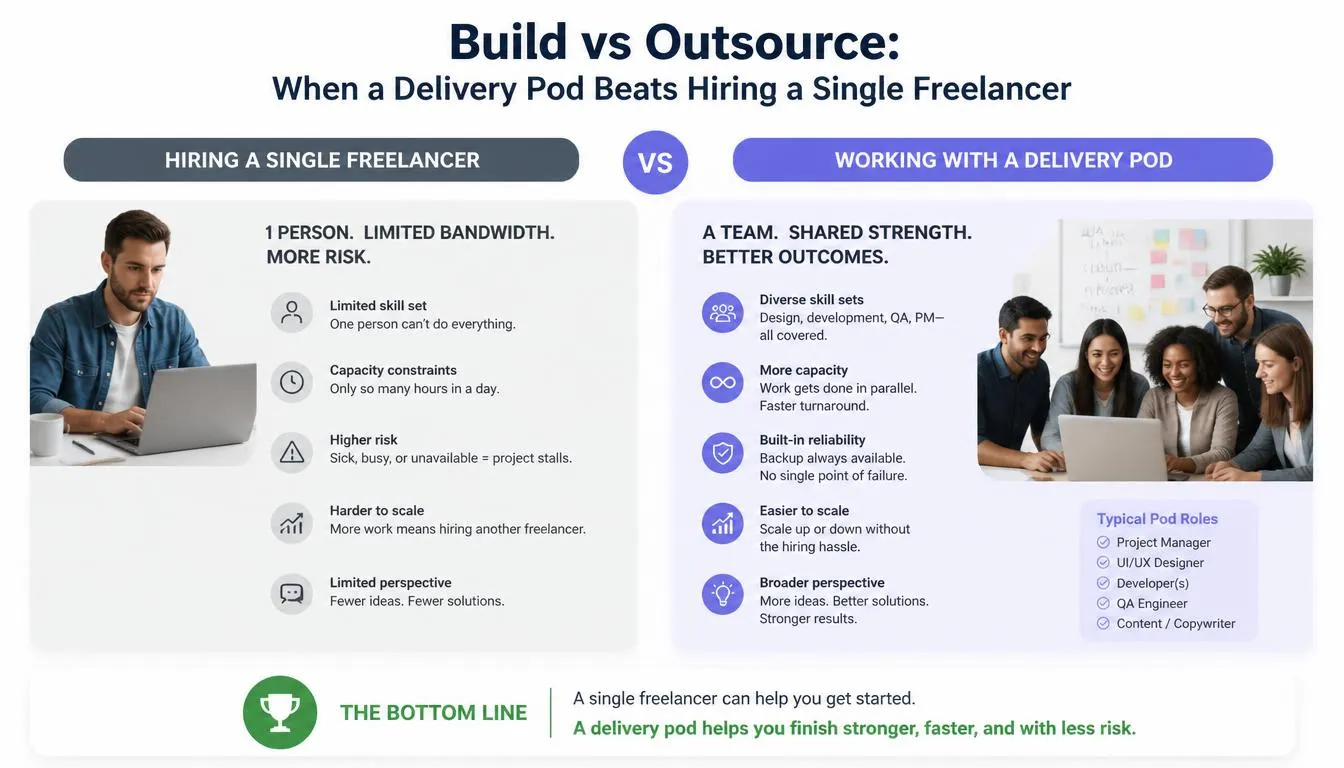 Build vs. Outsource: Delivery Pod or Single Freelancer? Build vs. Outsource: Delivery Pod or Single Freelancer?
