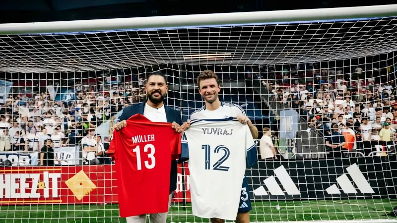 Yuvraj Singh and Thomas Müller exchange jerseys as Whitecaps FC welcome Canada Super 60