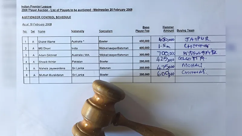 Picture shows gavel, auction sheet from inaugural IPL auction