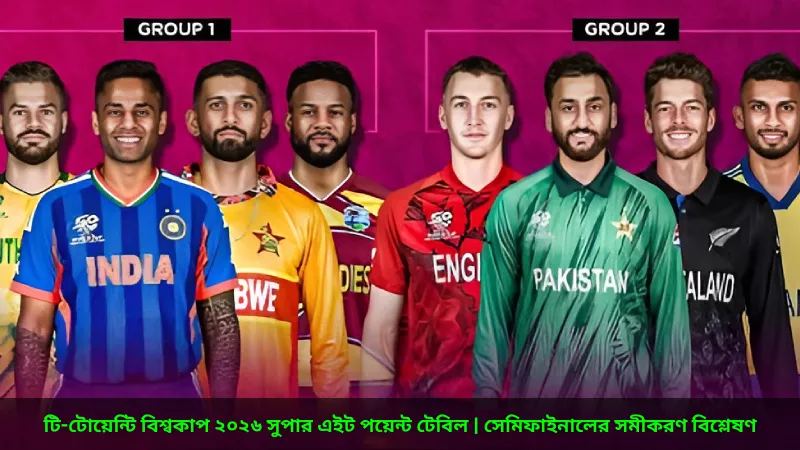 টি-টোয়েন্টি বিশ্বকাপ ২০২৬ সুপার এইট পয়েন্ট টেবিল BJ Sports-এ সেমিফাইনালের সমীকরণ বিশ্লেষণ