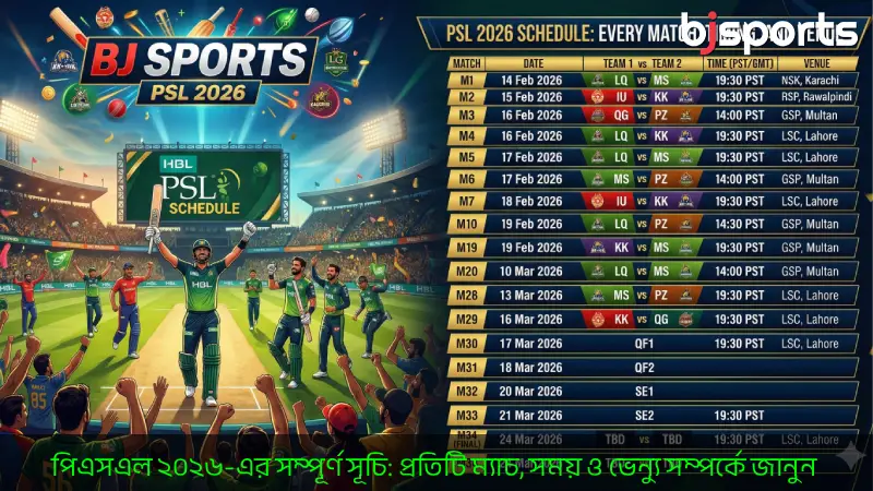 পিএসএল ২০২৬ এর সম্পূর্ণ সূচি প্রতিটি ম্যাচ, সময় ও ভেন্যু সম্পর্কে জানুন BJ Sports-এ