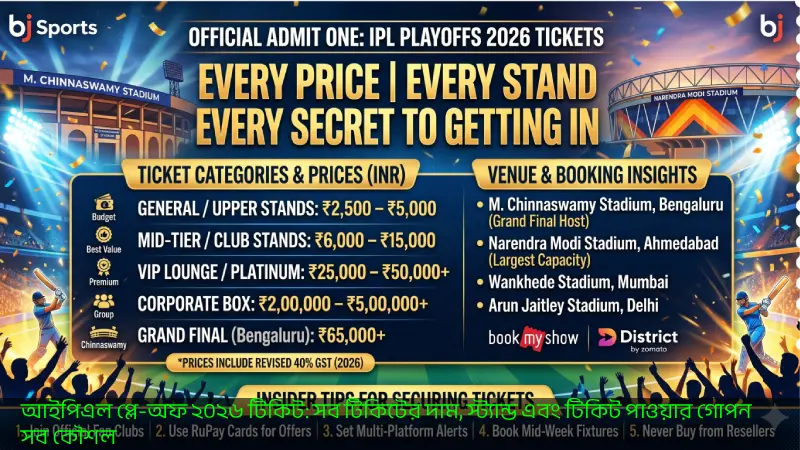 আইপিএল প্লে-অফ ২০২৬ টিকিট সব টিকিটের দাম, স্ট্যান্ড এবং টিকিট পাওয়ার গোপন সব কৌশল
