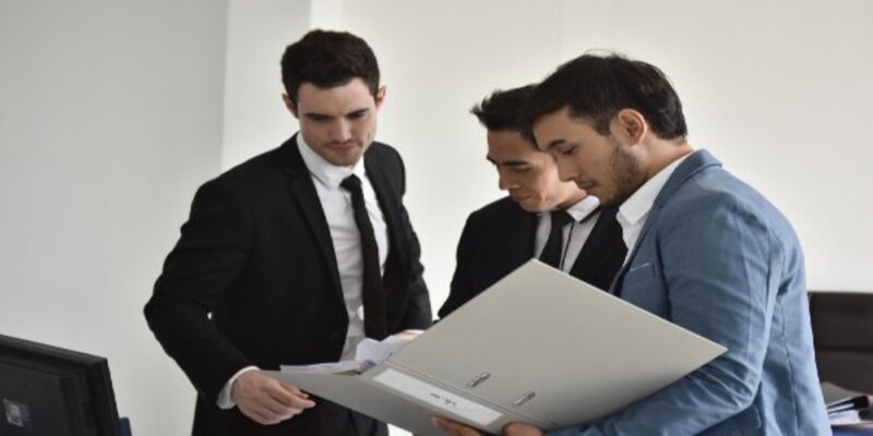 Colleagues discussing over file in office