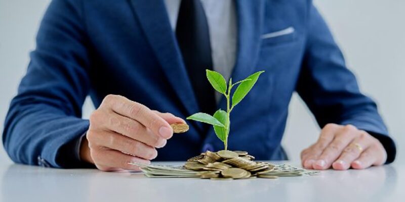 Midsection of man holding coin by plant and paper currency on table