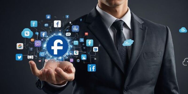 A man in a suit holds his phone with social media icons on it