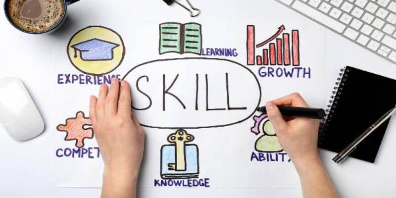 Woman with business trainer infographic on paper skill elements concept