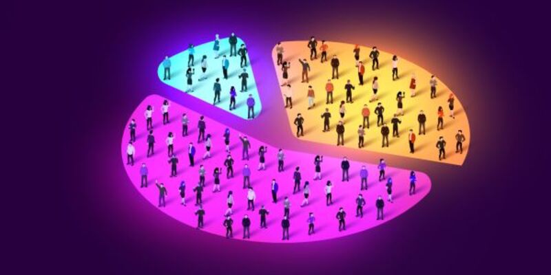 People crowd in form of pie chart composed of people statistic concept