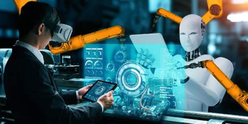 Cybernated industry robot and human worker working together in future factory