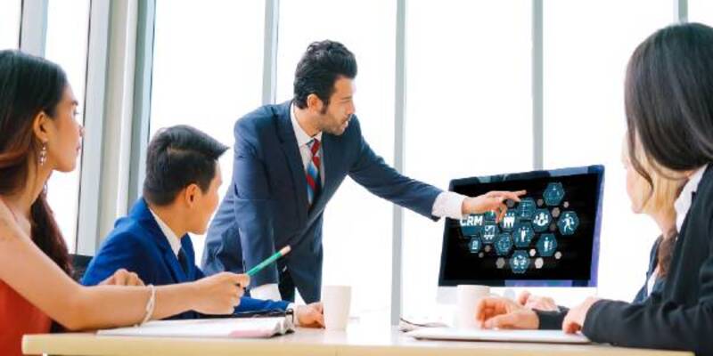 Management system on modish computer for crm business and employees meeting