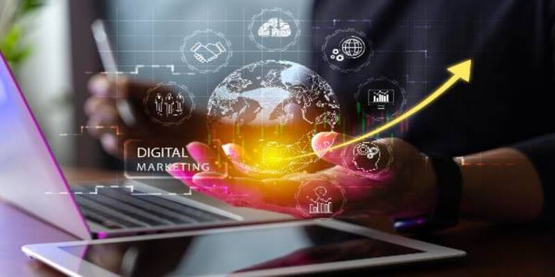 Digital online marketing businessman using tablet and analyzing sales data graph growth