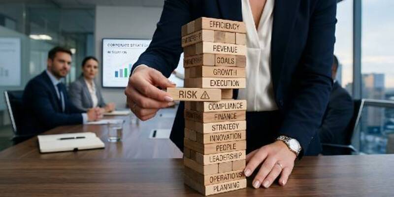 Business team playing jenga with risk management blocks in conference room