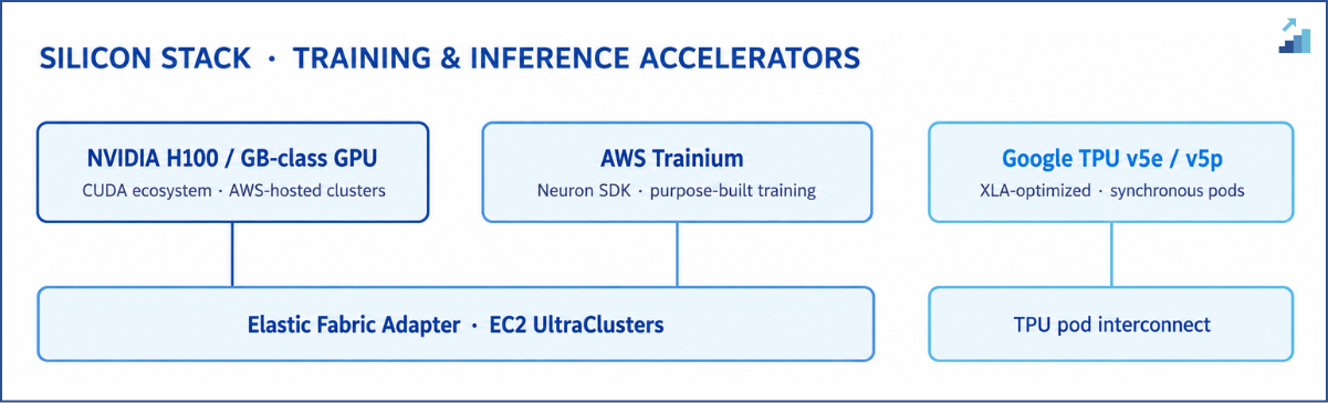 Fig. 2 &mdash; Where each platform's accelerators sit in the training stack.