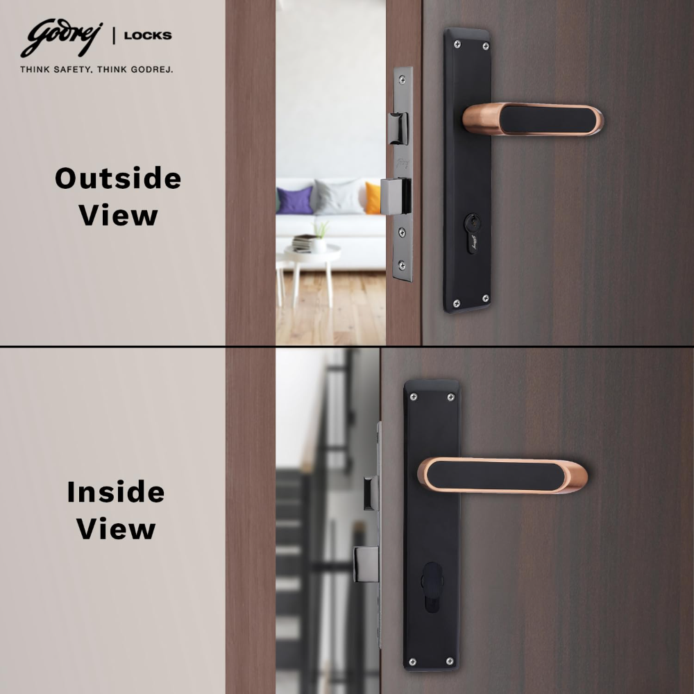 Godrej Mortise Lock|Handle Lock Set for Main & Internal Door of Home & Offices|NEH 21 Black Rose Finish|8 inch Lockbody|60mm Cylinder Key from Outside knob from Inside with 3 Keys|5 Years Warranty