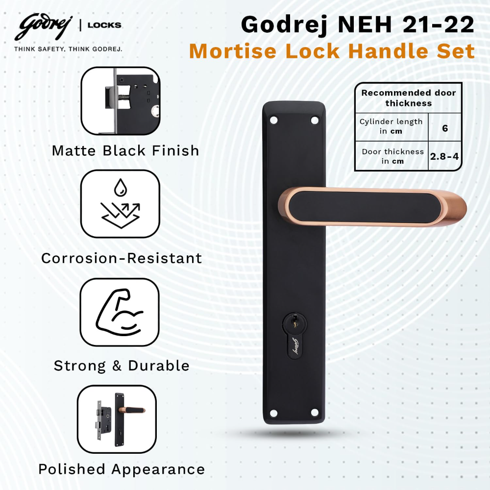 Godrej Mortise Lock|Handle Lock Set for Main & Internal Door of Home & Offices|NEH 21 Black Rose Finish|8 inch Lockbody|60mm Cylinder Key from Outside knob from Inside with 3 Keys|5 Years Warranty