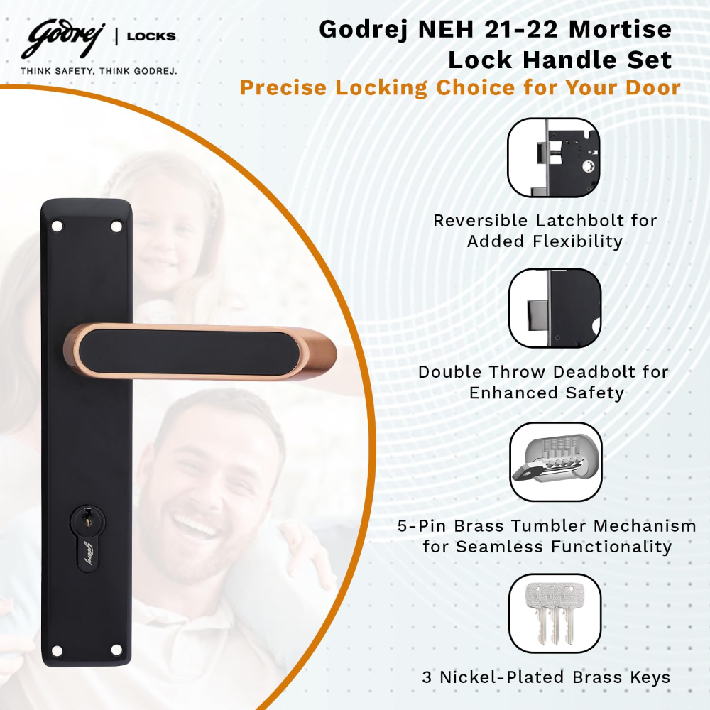 Godrej Mortise Lock|Handle Lock Set for Main & Internal Door of Home & Offices|NEH 21 Black Rose Finish|8 inch Lockbody|60mm Cylinder Key from Outside knob from Inside with 3 Keys|5 Years Warranty