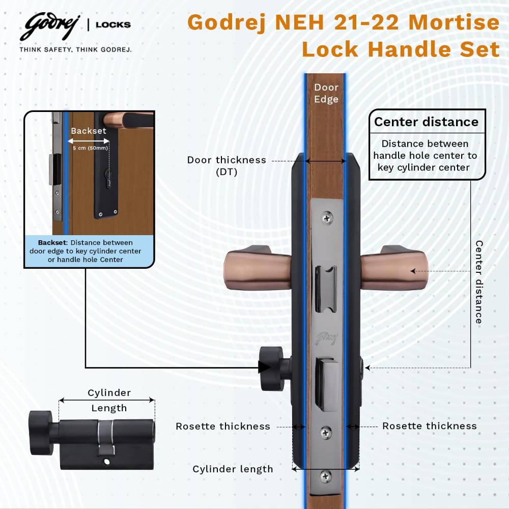 Godrej Mortise Lock|Handle Lock Set for Main & Internal Door of Home & Offices|NEH 21 Black Rose Finish|8 inch Lockbody|60mm Cylinder Key from Outside knob from Inside with 3 Keys|5 Years Warranty