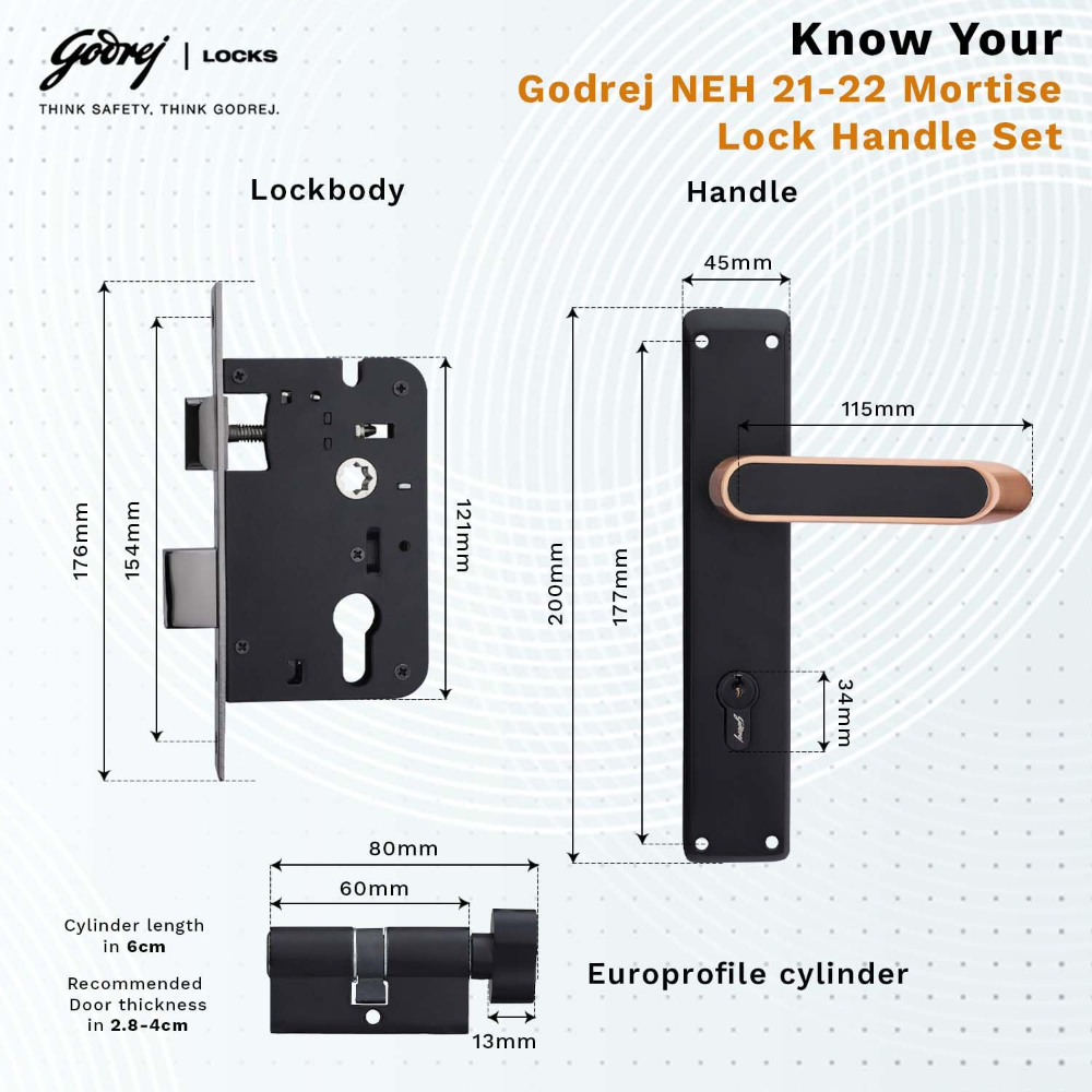 Godrej Mortise Lock|Handle Lock Set for Main & Internal Door of Home & Offices|NEH 21 Black Rose Finish|8 inch Lockbody|60mm Cylinder Key from Outside knob from Inside with 3 Keys|5 Years Warranty