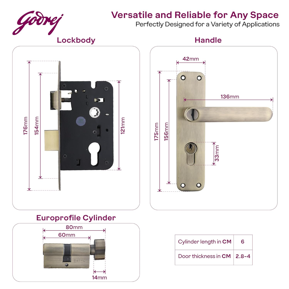 Godrej Mortise Lock | BM 09 Handle Lock Set | 200 mm Lockbody | Europrofile Cylinder 60mm Knob from Inside | for Home & Office | Matte Black Finish | | 3Keys | Double-Throw Deadbolt | 5year Warranty