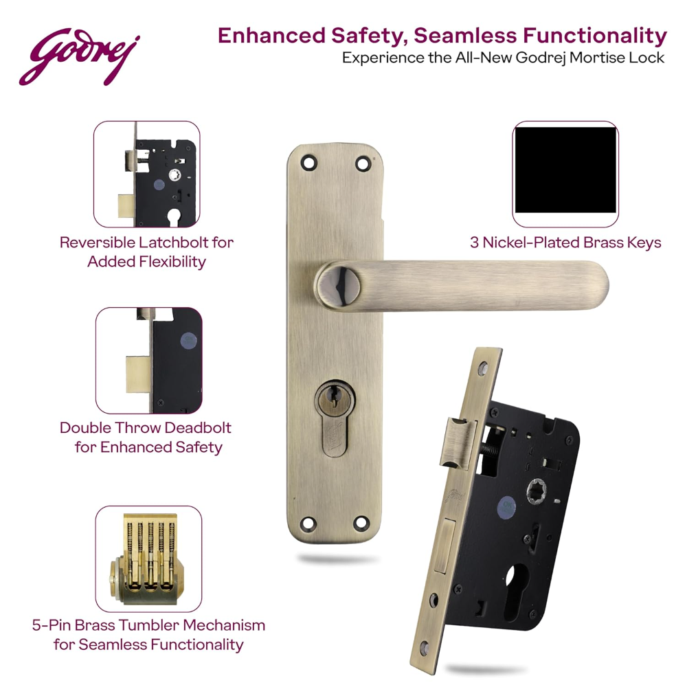 Godrej Mortise Lock | BM 09 Handle Lock Set | 200 mm Lockbody | Europrofile Cylinder 60mm Knob from Inside | for Home & Office | Matte Black Finish | | 3Keys | Double-Throw Deadbolt | 5year Warranty