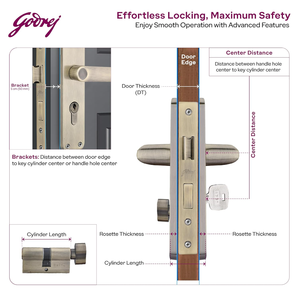Godrej Mortise Lock | BM 09 Handle Lock Set | 200 mm Lockbody | Europrofile Cylinder 60mm Knob from Inside | for Home & Office | Matte Black Finish | | 3Keys | Double-Throw Deadbolt | 5year Warranty