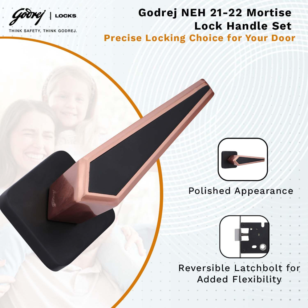 Godrej Mortise Door Handle | Handle for Internal Doors, Bathroom Doors | NEH 22 | Retractable Baby Latch | Matte Black Rose Finish | Keyless Mechanism for Privacy | 5 Years Warranty
