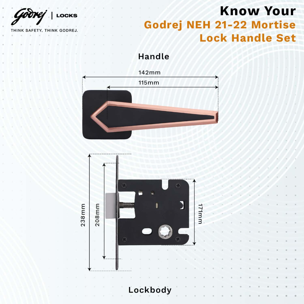 Godrej Mortise Door Handle | Handle for Internal Doors, Bathroom Doors | NEH 22 | Retractable Baby Latch | Matte Black Rose Finish | Keyless Mechanism for Privacy | 5 Years Warranty