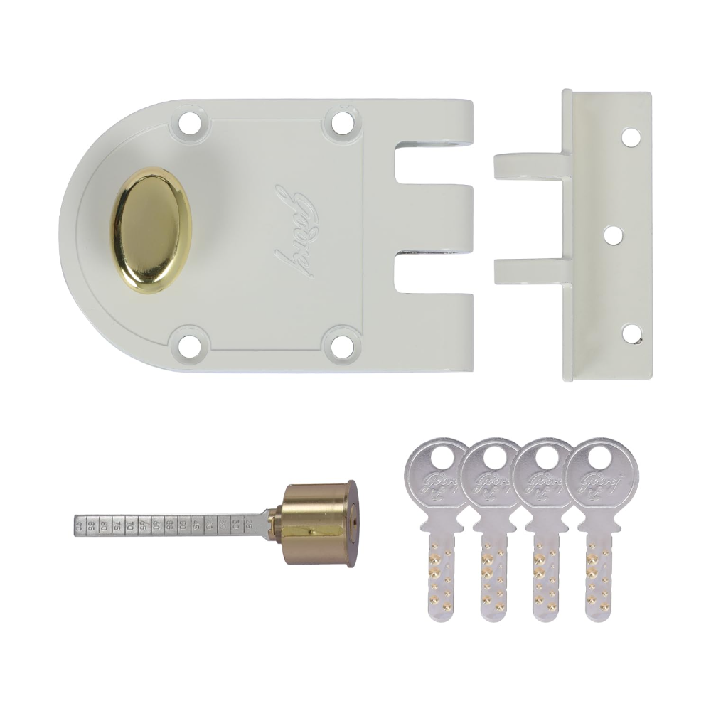 Godrej Rim Lock | Vertibolt Ultra Lock For Wooden Main Door | 1CK Deadbolt | 14 Pin Cylinder | For Inside Opening or Double Dooror Sliding Door | 4 Keys | 5 Yr Warranty | Manual Locking | Cool Ivory