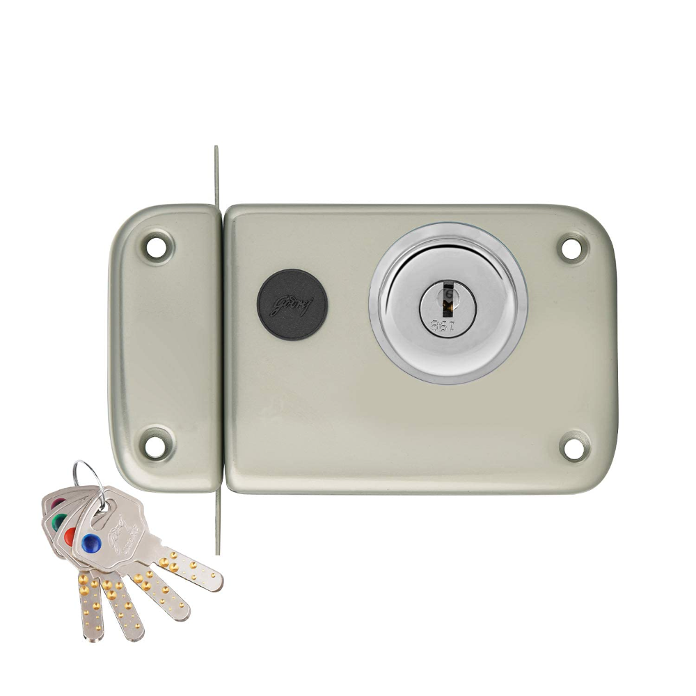 Godrej Rim Lock l 1CK Deadbolt l For Outside Opening Main and Safety Door I For Balcony doors LeftorRight-Handed Doors l 60 mm Backset I 4 Keys l 5-Year Warranty l Satin Sliver Finish