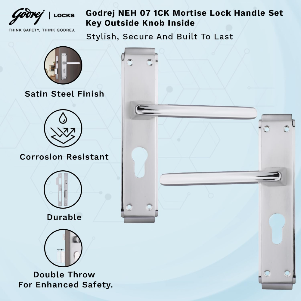 Godrej Mortise Door Lock Handle Set | 200mm NEH  07 1CK Europrofile | 5 Pin Brass Tumbler Mechanism 60mm | Suitable for Left and Right Handed Doors (Satin Steel Finish) | 6757