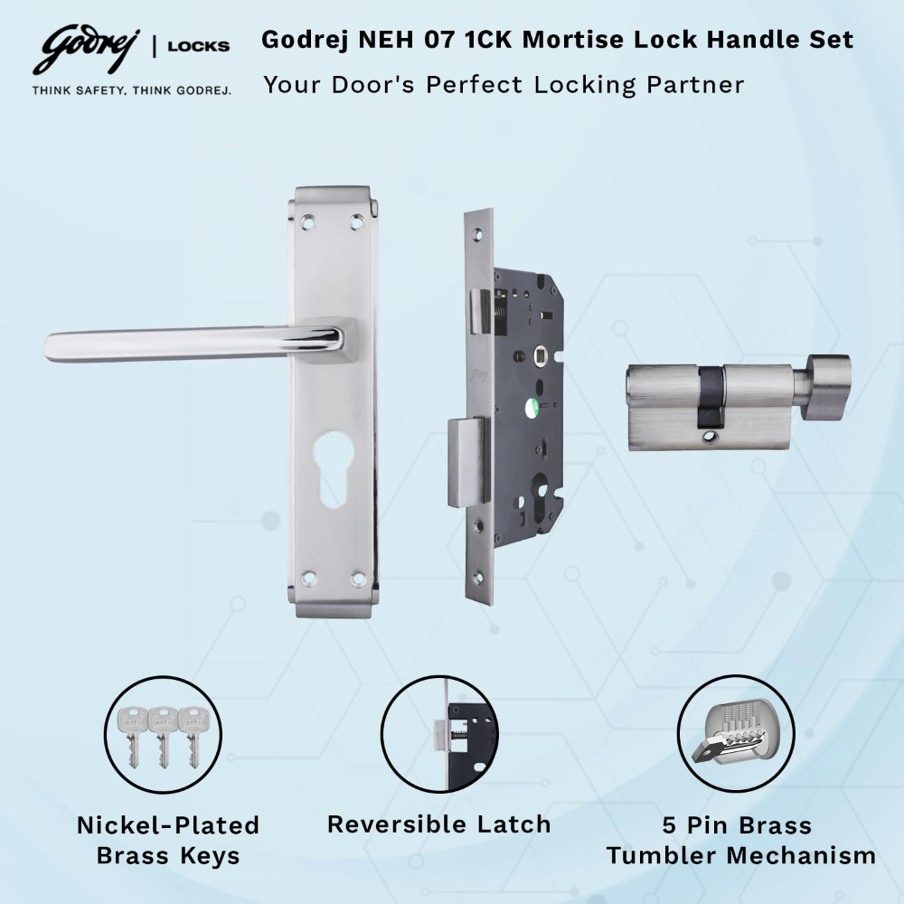 Godrej Mortise Door Lock Handle Set | 200mm NEH  07 1CK Europrofile | 5 Pin Brass Tumbler Mechanism 60mm | Suitable for Left and Right Handed Doors (Satin Steel Finish) | 6757
