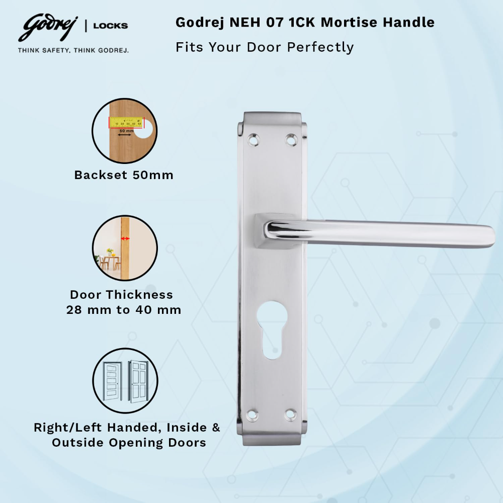Godrej Mortise Door Lock Handle Set | 200mm NEH  07 1CK Europrofile | 5 Pin Brass Tumbler Mechanism 60mm | Suitable for Left and Right Handed Doors (Satin Steel Finish) | 6757