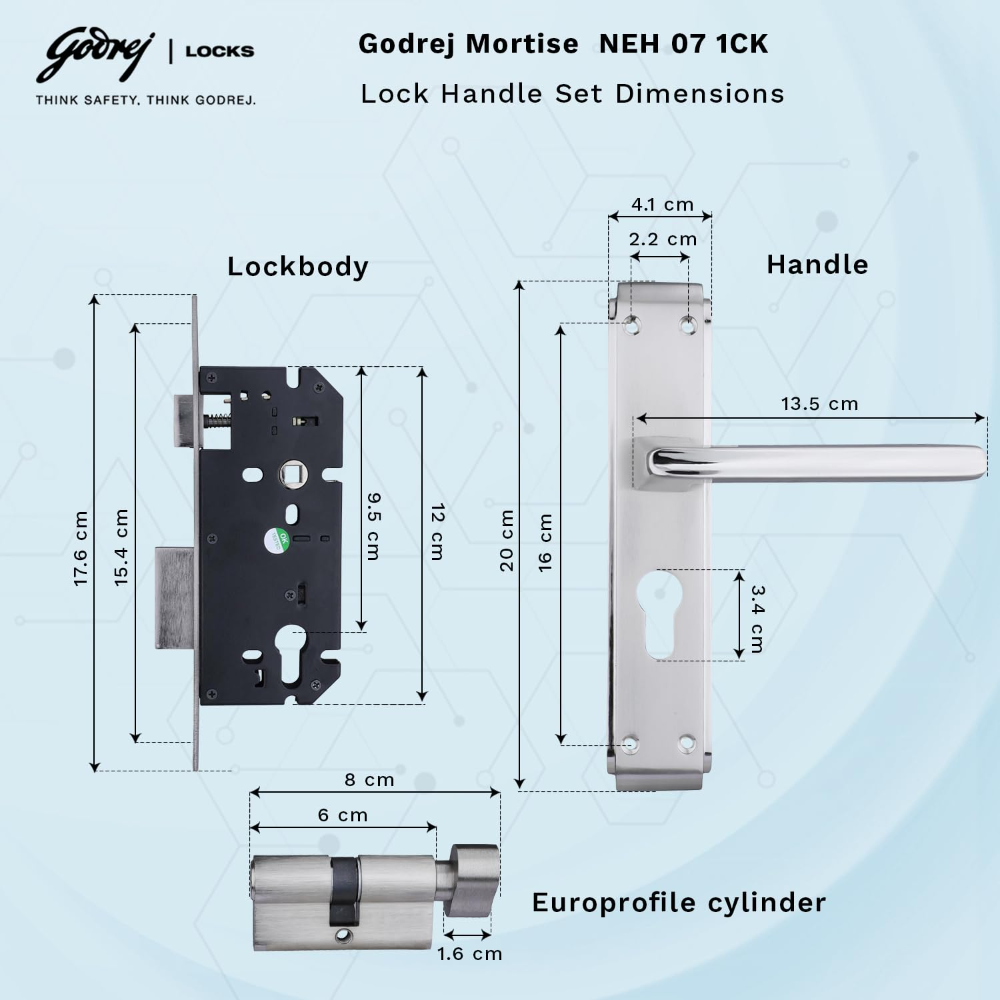 Godrej Mortise Door Lock Handle Set | 200mm NEH  07 1CK Europrofile | 5 Pin Brass Tumbler Mechanism 60mm | Suitable for Left and Right Handed Doors (Satin Steel Finish) | 6757