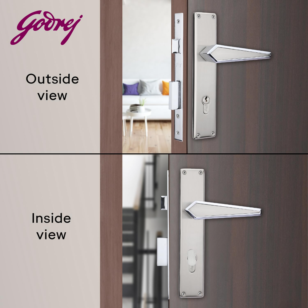 Godrej Mortise Lock | Handle Lock Set for Main and Internal Door of Home and Offices | NEH 22 | Satin Steel Finish|10 inch Lockbody | 60 mm Cylinder Key from Outside knob from Inside with 3 Keys | 5 Years Warranty | 3573
