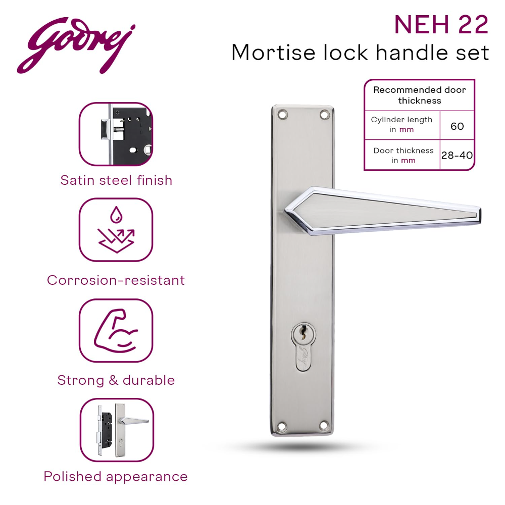 Godrej Mortise Lock | Handle Lock Set for Main and Internal Door of Home and Offices | NEH 22 | Satin Steel Finish|10 inch Lockbody | 60 mm Cylinder Key from Outside knob from Inside with 3 Keys | 5 Years Warranty | 3573