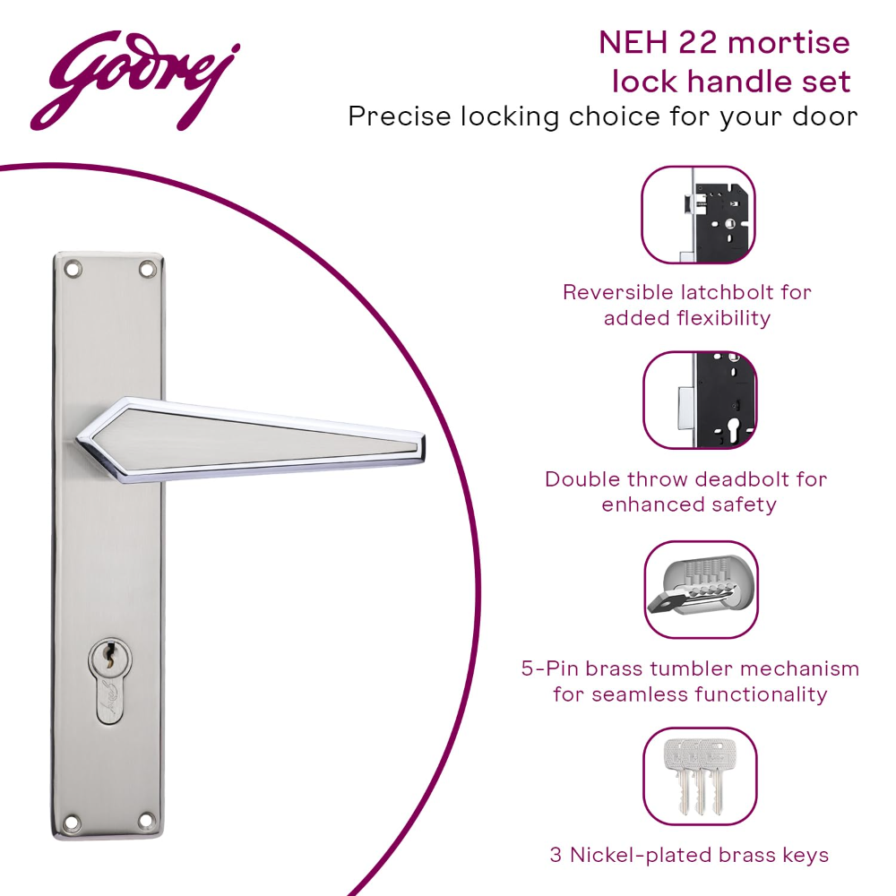 Godrej Mortise Lock | Handle Lock Set for Main and Internal Door of Home and Offices | NEH 22 | Satin Steel Finish|10 inch Lockbody | 60 mm Cylinder Key from Outside knob from Inside with 3 Keys | 5 Years Warranty | 3573