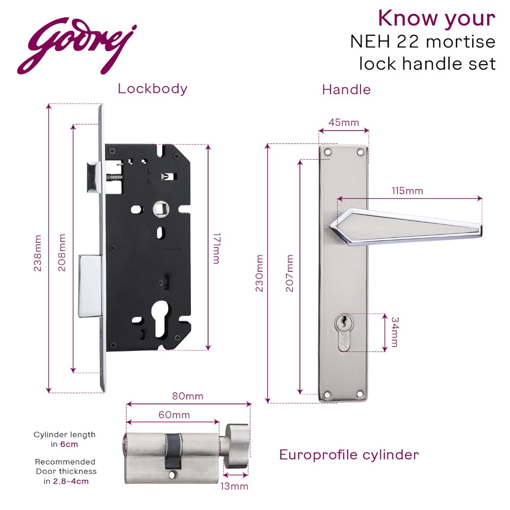 Godrej Mortise Lock | Handle Lock Set for Main and Internal Door of Home and Offices | NEH 22 | Satin Steel Finish|10 inch Lockbody | 60 mm Cylinder Key from Outside knob from Inside with 3 Keys | 5 Years Warranty | 3573