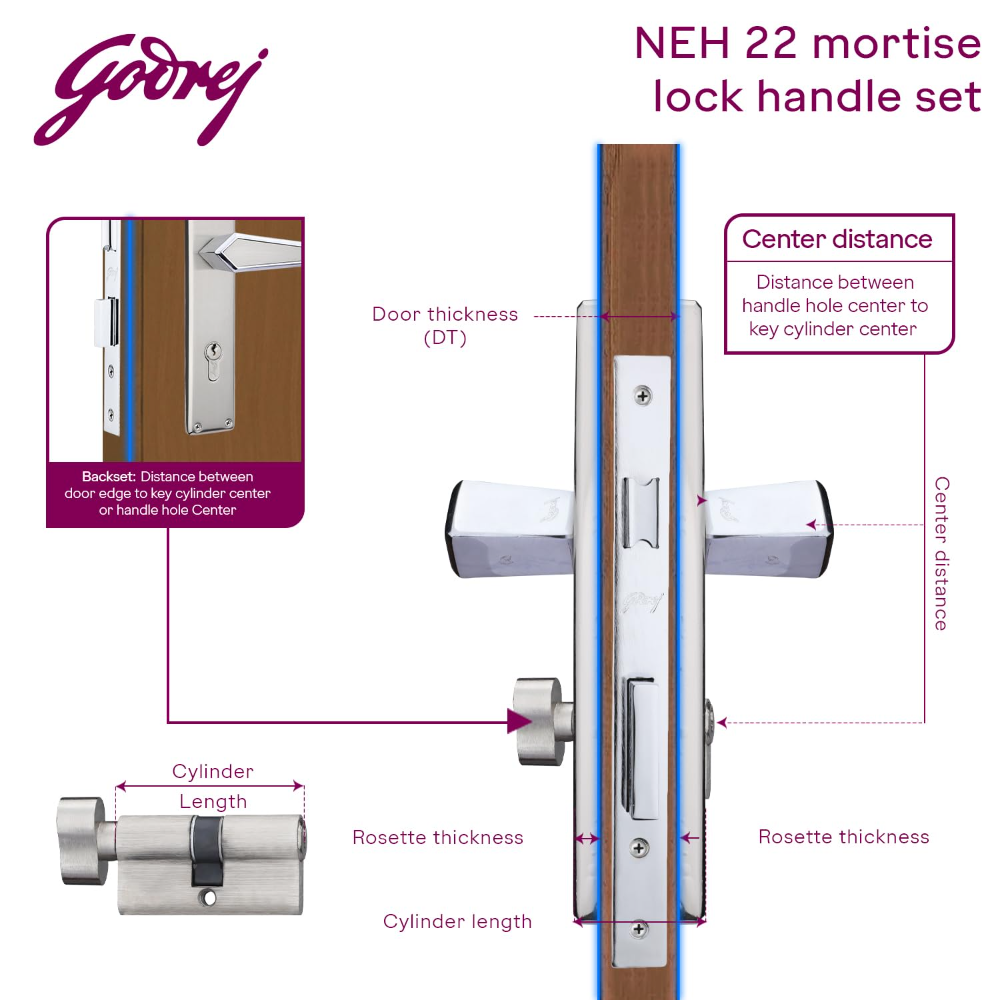 Godrej Mortise Lock | Handle Lock Set for Main and Internal Door of Home and Offices | NEH 22 | Satin Steel Finish|10 inch Lockbody | 60 mm Cylinder Key from Outside knob from Inside with 3 Keys | 5 Years Warranty | 3573