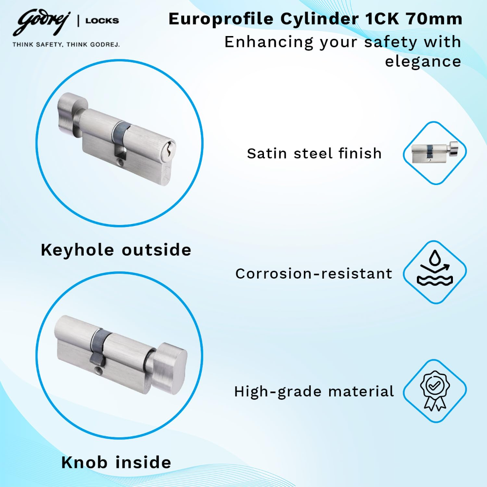 Godrej Cylinder | Eco Pin Cylinder | 1CK 70mm | Satin Steel Finish | Door Thickness Upto 50mm | 3 Keys| 4601