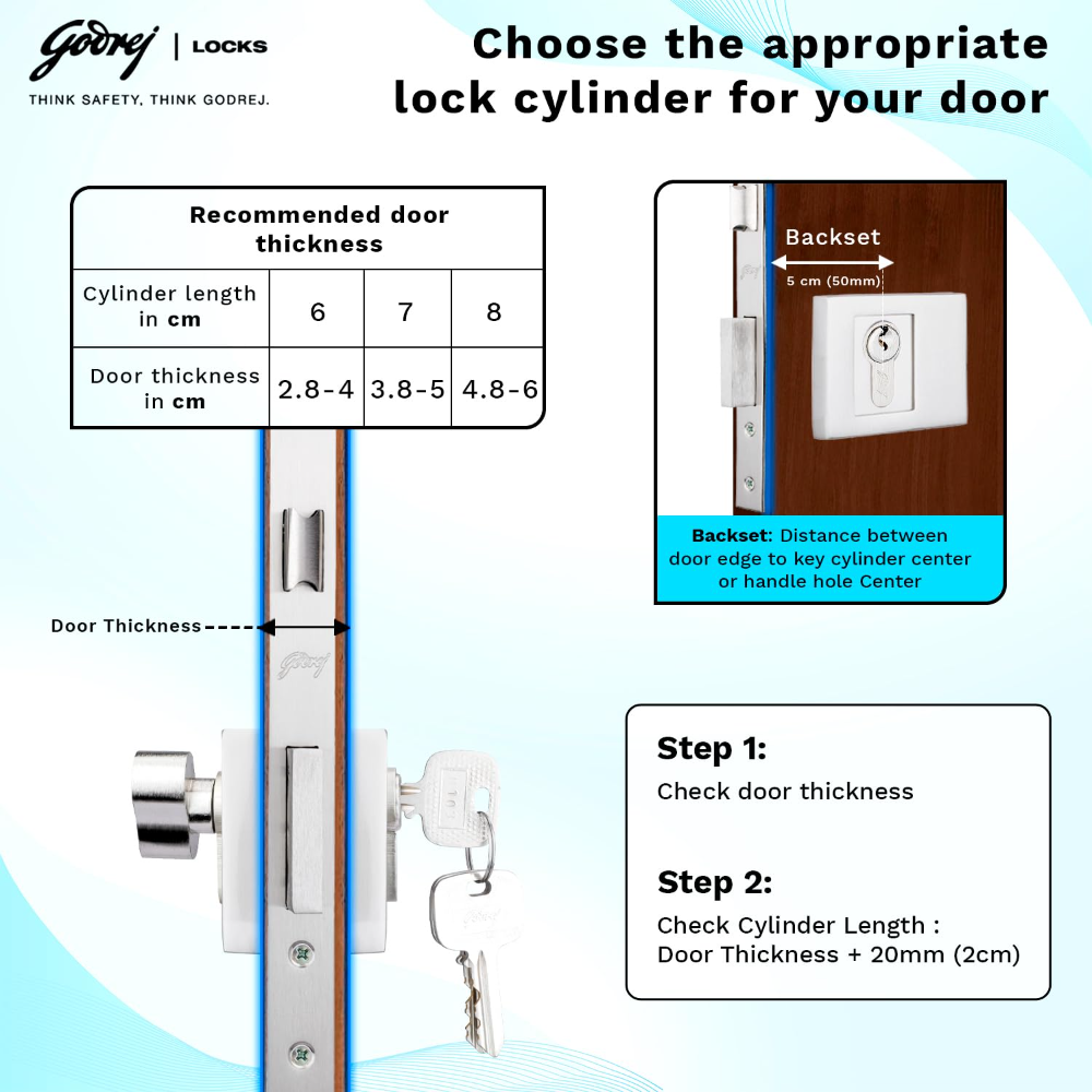 Godrej Cylinder | Eco Pin Cylinder | 1CK 70mm | Satin Steel Finish | Door Thickness Upto 50mm | 3 Keys| 4601