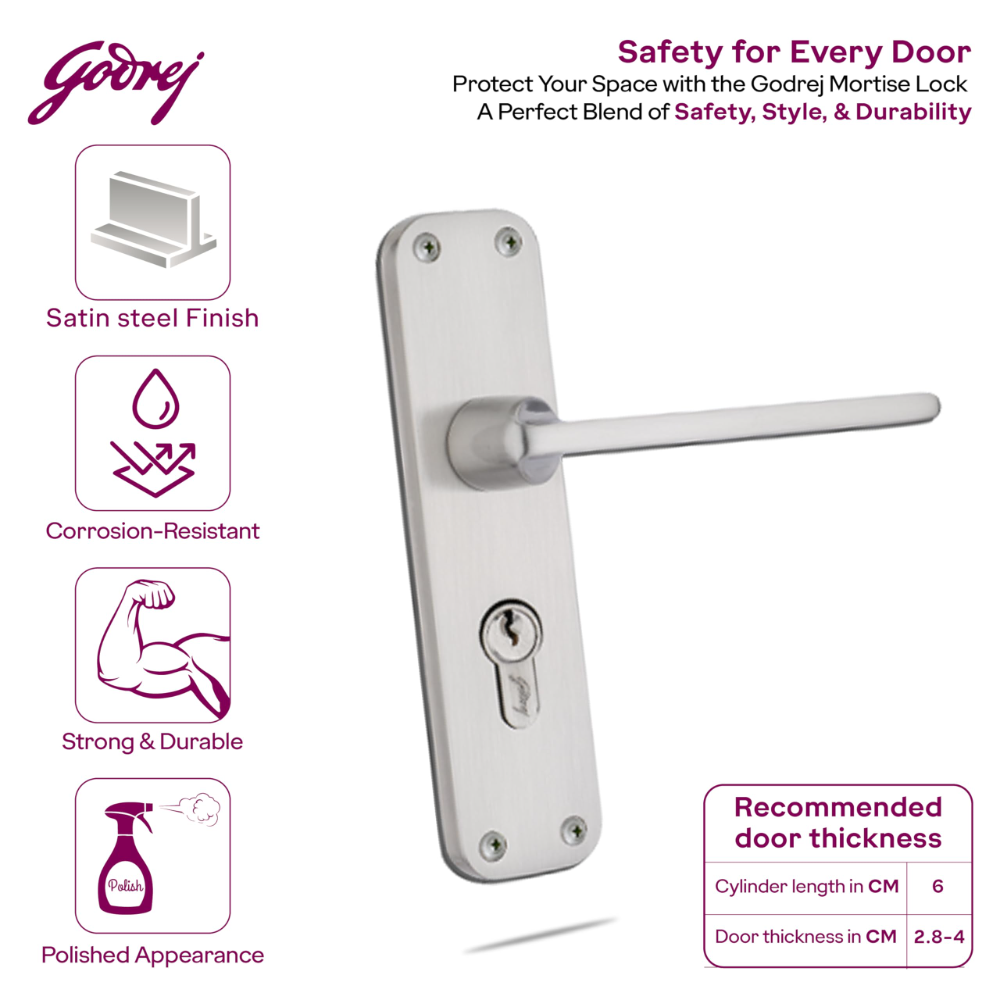 Godrej Mortise Lock | BM 10 Handle Lock Set| 200 mm Lockbody | Europrofile Cylinder 60mm Knob from Inside | for Home and Office | Satin Steel Finish | 3 Keys | Double Throw Deadbolt | 5 Year Warranty | 5532